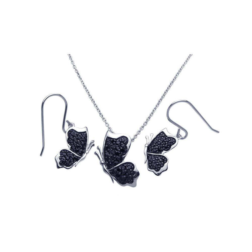 Sterling Silver Rhodium Plated Butterfly Necklace and Earrings Set