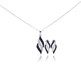 Sterling Silver Rhodium Plated Black and Clear Stripe CZ Stud Earring and Necklace Set