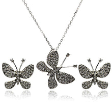 Load image into Gallery viewer, Sterling Silver Rhodium Plated Black Butterfly CZ Stud Earring and Necklace Set