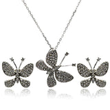 Sterling Silver Rhodium Plated Black Butterfly CZ Stud Earring and Necklace Set