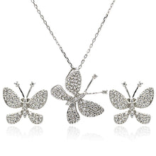 Load image into Gallery viewer, Sterling Silver Rhodium Plated Butterfly CZ Stud Earring and Necklace Set