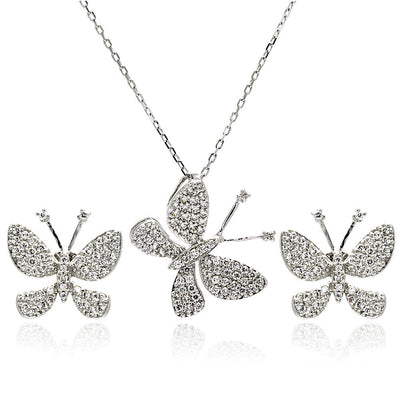 Sterling Silver Rhodium Plated Butterfly CZ Stud Earring and Necklace Set