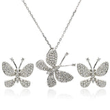 Sterling Silver Rhodium Plated Butterfly CZ Stud Earring and Necklace Set