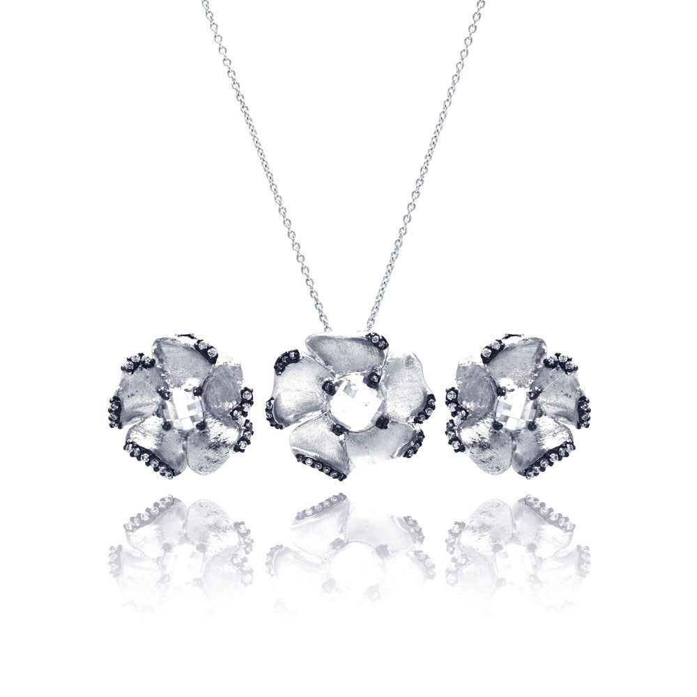 Sterling Silver Rhodium Plated Matte Finish Flower CZ Stud Earring and Necklace Set