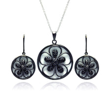 Load image into Gallery viewer, Sterling Silver Black Rhodium Plated Flower White Enamel CZ Dangling Stud Earring and Necklace Set