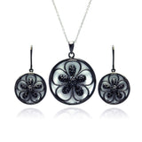 Sterling Silver Black Rhodium Plated Flower White Enamel CZ Dangling Stud Earring and Necklace Set