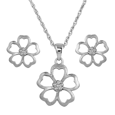 Sterling Silver Rhodium Plated Matte Finish Open Flower CZ Set