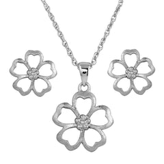 Sterling Silver Rhodium Plated Matte Finish Open Flower CZ Set