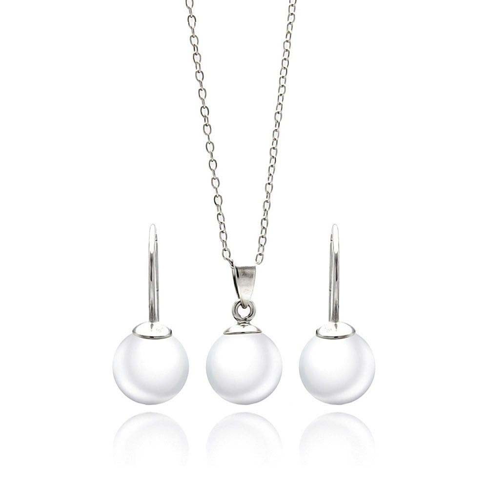 Sterling Silver Rhodium Plated White Enamel Lever Back Earring and Necklace Set With CZ  Stones