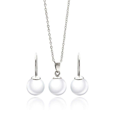 Sterling Silver Rhodium Plated White Enamel Lever Back Earring and Necklace Set With CZ  Stones
