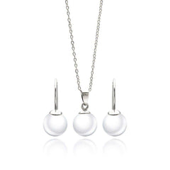 Sterling Silver Rhodium Plated White Enamel Pearl Lever Back Earring and Necklace Set With CZ  Stones