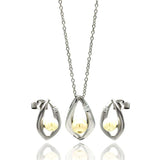 Sterling Silver Rhodium Plated Open Teardrop Center Pearl Stud Earring and Necklace Set With CZ  Stones