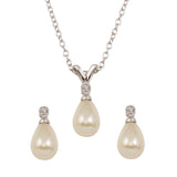 Sterling Silver Rhodium Plated Tear Drop Pearl Earrings With CZ And Necklace set
