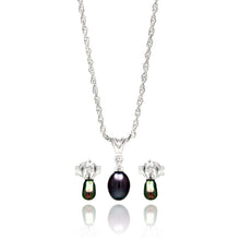 Load image into Gallery viewer, Sterling Silver Rhodium Plated Small Fresh Water Black Pearl Dangling Set With CZ  Stones