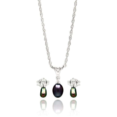 Sterling Silver Rhodium Plated Small Fresh Water Black Pearl Dangling Set With CZ  Stones