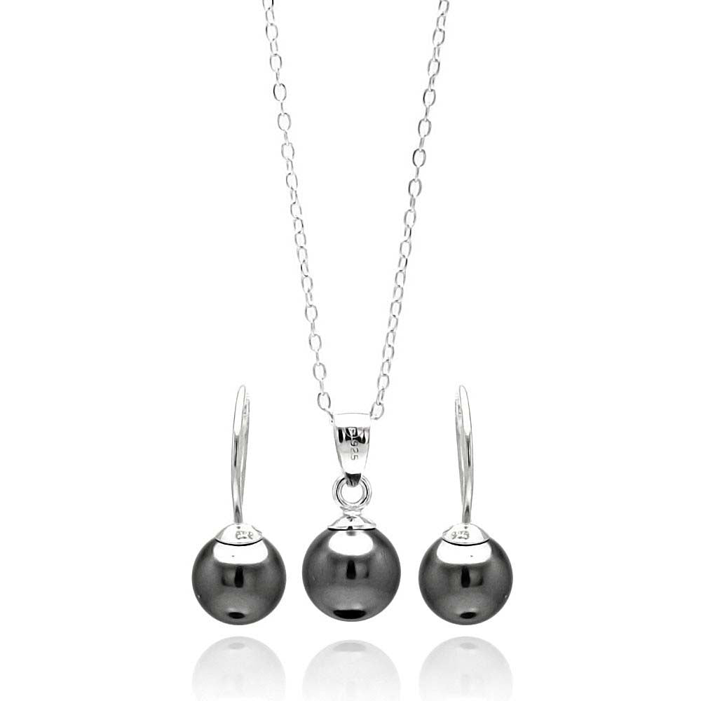 Sterling Silver Rhodium Plated Black Hanging Hook Earring and Necklace Set With CZ  Stones