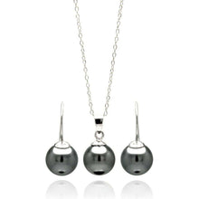 Load image into Gallery viewer, Sterling Silver Rhodium Plated Black Pearl Hanging Earring and Necklace Set With CZ  Stones