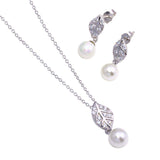 Sterling Silver CZ Leaf With Dangling Pearl Earring and Pendant Set