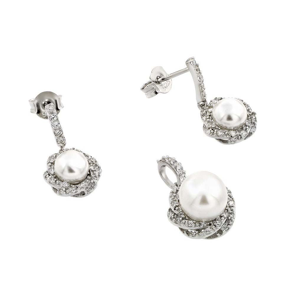 Sterling Silver Rhodium Plated Twist Desing CZ Center Pearl Dangling Stud Earring and Necklace Set With CZ  Stones
