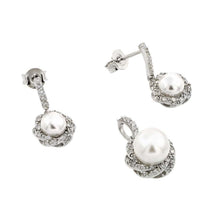 Load image into Gallery viewer, Sterling Silver Rhodium Plated Twist Desing CZ Center Pearl Dangling Stud Earring and Necklace Set With CZ  Stones