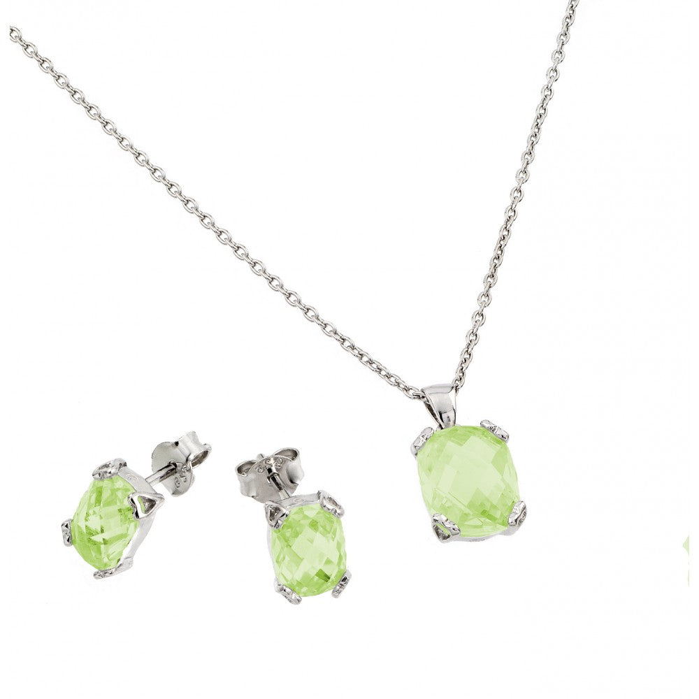 Sterling Silver Rhodium Plated Peridot CZ Stud Earring And Necklace Set