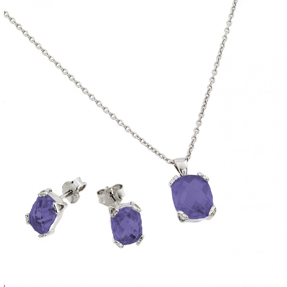 Sterling Silver Rhodium Plated Amethyst CZ Stud Earring And Necklace Set