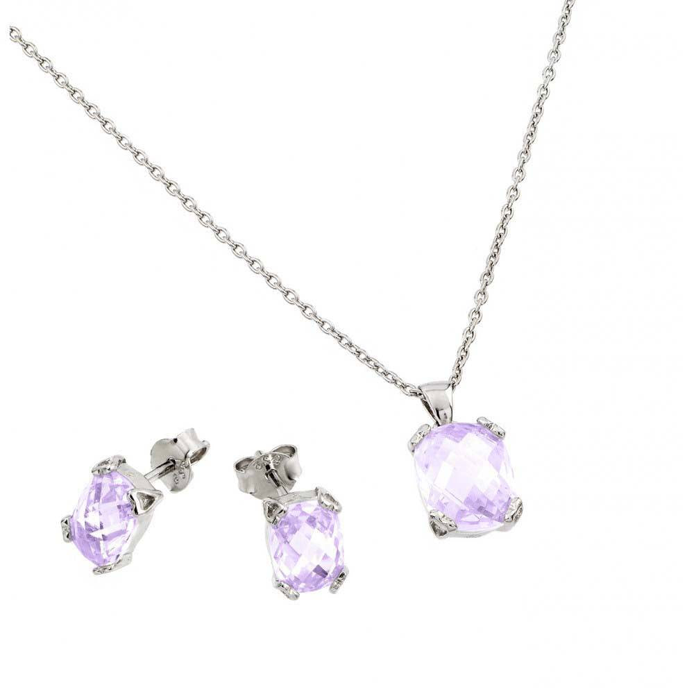 Sterling Silver Rhodium Plated Square Alexandrite CZ Stud Earring and Necklace Set