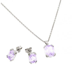 Sterling Silver Rhodium Plated Square Alexandrite CZ Stud Earring and Necklace Set