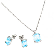 Load image into Gallery viewer, Sterling Silver Rhodium Plated Aquamarine CZ Stud Earring And Necklace Set