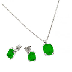 Sterling Silver Rhodium Plated Emerald CZ Stud Earring And Necklace Set