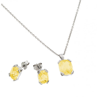 Sterling Silver Rhodium Plated Citrine CZ Stud Earring and Necklace Set