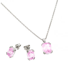 Sterling Silver Rhodium Plated Rose CZ Stud Earring And Necklace Set