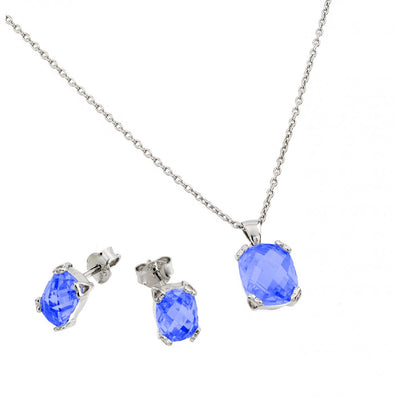 Sterling Silver Rhodium Plated Sapphire CZ Stud Earring And Necklace Set
