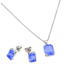 Sterling Silver Rhodium Plated Sapphire CZ Stud Earring And Necklace Set