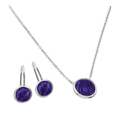 Sterling Silver Rhodium Plated CZ Round Birthstone Lever Back Set-Feb