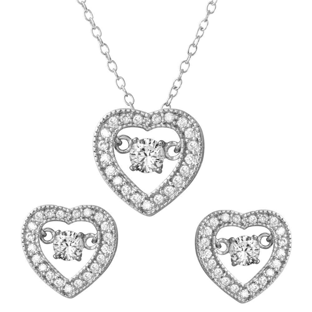 Sterling Silver Rhodium Plated Open Heart with Hanging Round CZ in the Center Set