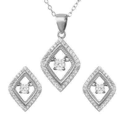 Sterling Silver Rhodium Plated Open Diamond Shaped Set with Dangling Round CZ in the Center