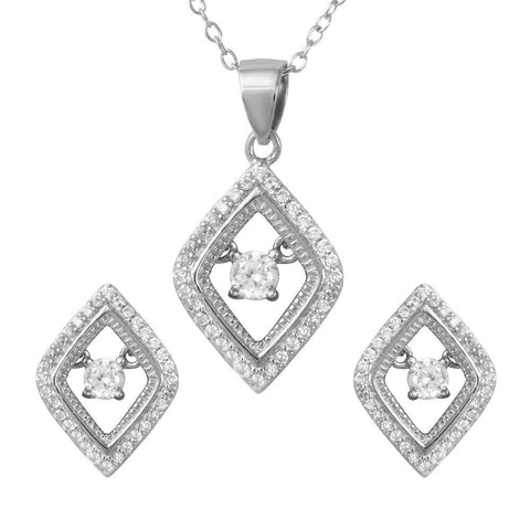 Sterling Silver Rhodium Plated Open Diamond Shaped Set with Dangling Round CZ in the Center