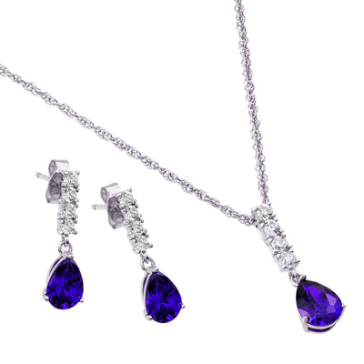 Sterling Silve Rhodium Plated Teardrop CZ Dangling Matching Set-Feb