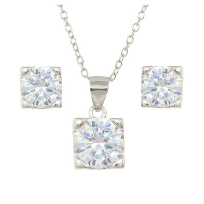 Sterling Silver Rhodium Plated Boxed CZ Stone Necklace and Earrings Set