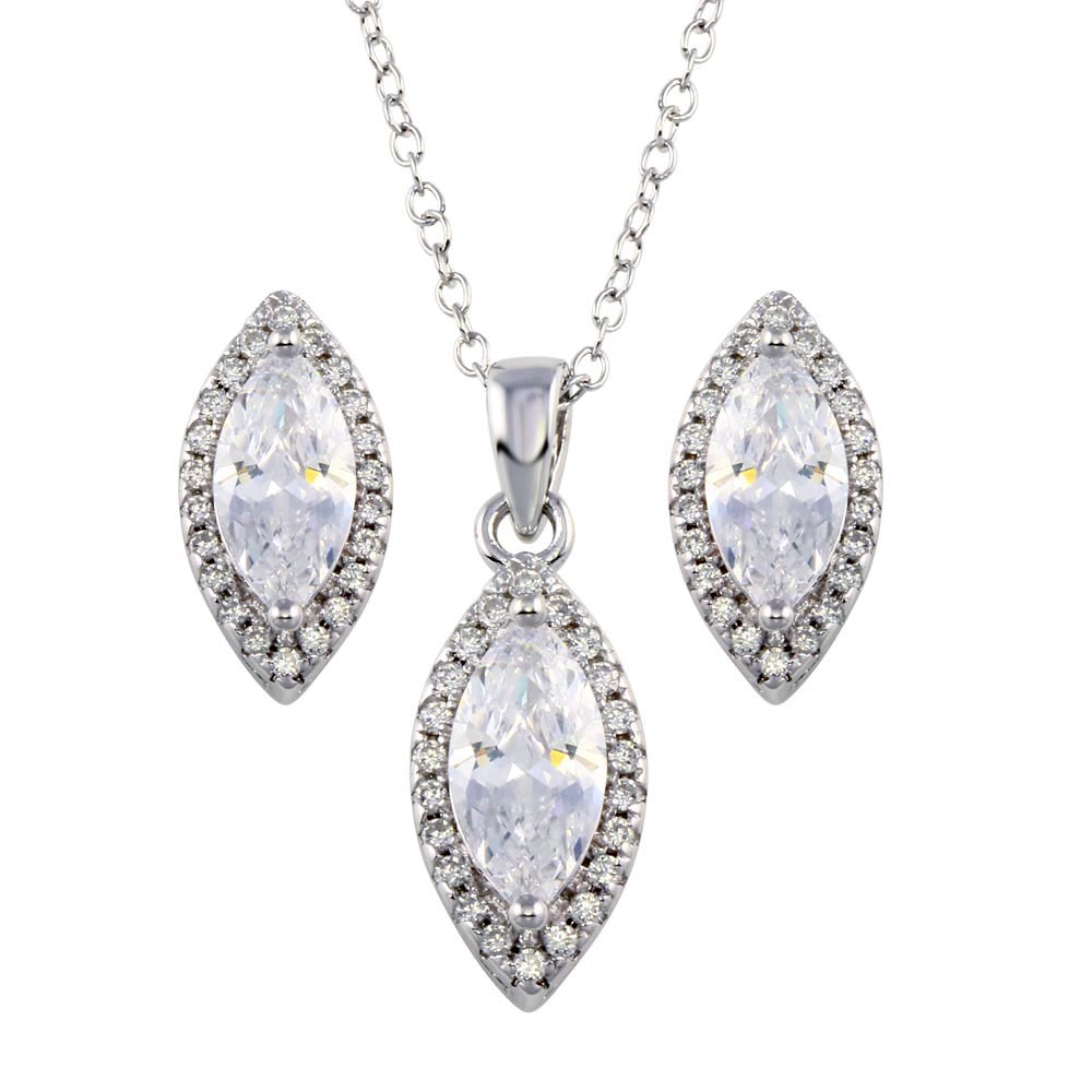 Sterling Silver Rhodium Plated Clear CZ Marquise Shape CZ Set