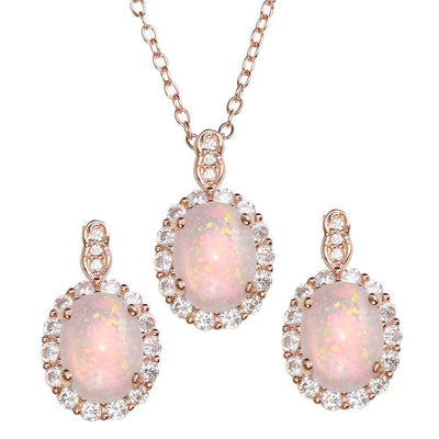 Sterling Silver Rose Gold Plated Oval Synthetic Opal Necklace and Earrings Set with CZ