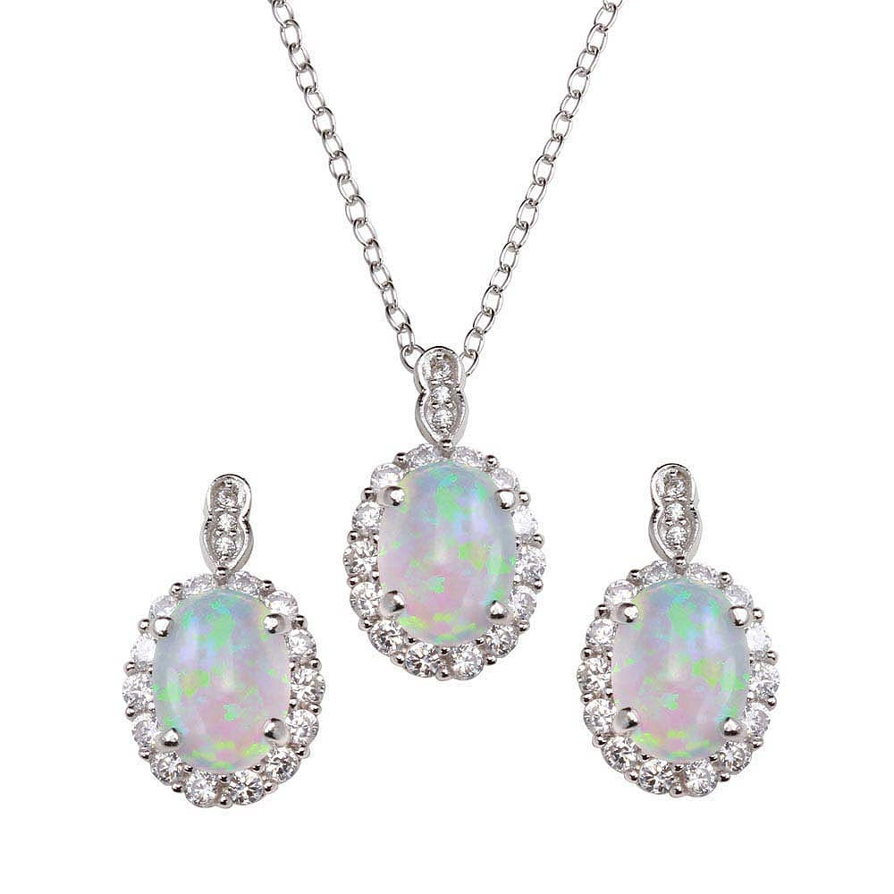 Sterling Silver Rhodium Plated Round Synthetic Opal Pendant Necklace and Earrings Set with CZ