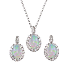 Load image into Gallery viewer, Sterling Silver Rhodium Plated Round Synthetic Opal Pendant Necklace and Earrings Set with CZ