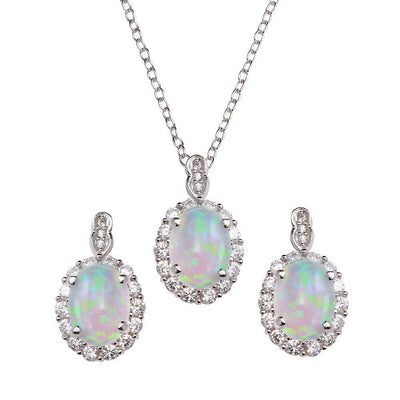Sterling Silver Rhodium Plated Round Synthetic Opal Pendant Necklace and Earrings Set with CZ