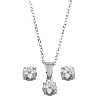 Sterling Silver Rhodium Plated Clear CZ Earrings and Necklace Set