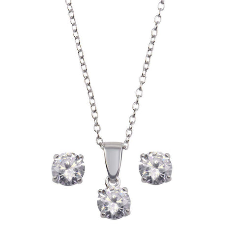Sterling Silver Rhodium Plated Clear CZ Earrings and Necklace Set