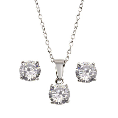 Sterling Silver Rhodium Plated Clear CZ Necklace And Earrings Set