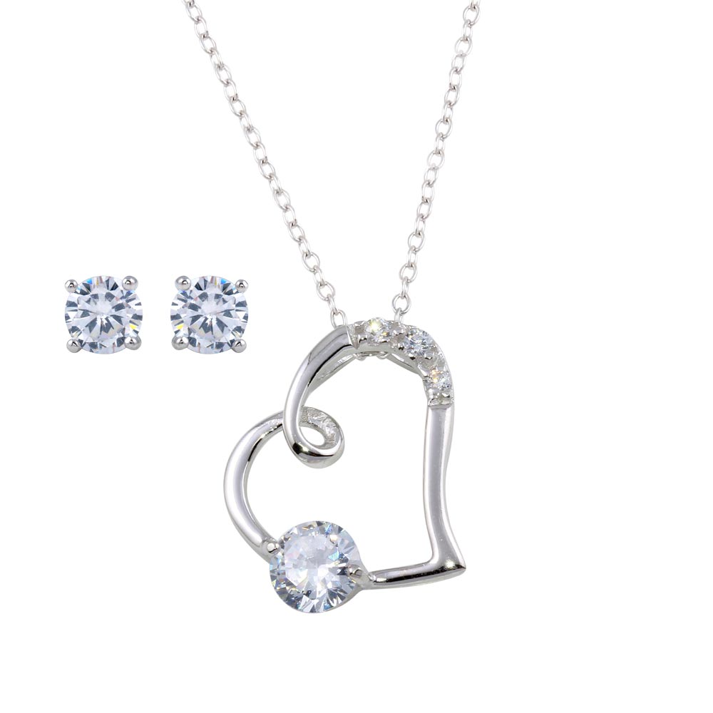 Sterling Silver Rhodium Plated Side way CZ Open Heart Set