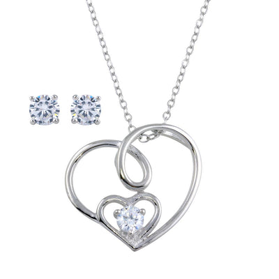 Sterling Silver Rhodium Plated Side Way CZ Open Double Heart Set